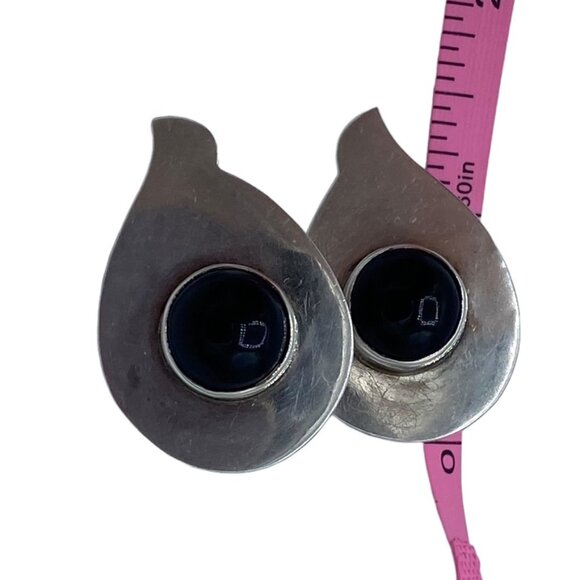 Taxco TA-41 Mexico Sterling Silver Pierced Earrings Onyx Modernist - Picture 3 of 12